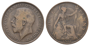 Великобритания 1 пенни 1918 H, Георг V (1910-1936) KM 810, Spink 4052 бронза 4661-545