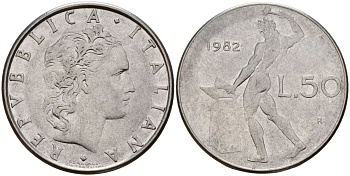 Италия 50 лир 1982 R, бог Вулкан у наковальни KM 95.1 нержавеющая сталь 4156-743