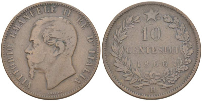 ИТАЛИЯ 10 ЧЕНТЕЗИМО 1866 H, МОНДВОР БИРМИНГЕМ, ВИКТОР ЭММАНУИЛ II (1861-1878) KM 11.3 медь 4526-822