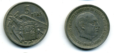 ИСПАНИЯ 5 ПЕСЕТ 1957 (59) ФРАНСИСКО ФРАНКО ДИКТАТОР ИСПАНИИ (1939-1975) KM 786 медно-никель 56-856