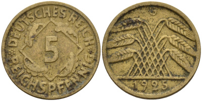 Германия 5 рейхспфеннигов 1925 G KM 39, J. 316 алюминиевая бронза 4151-718
