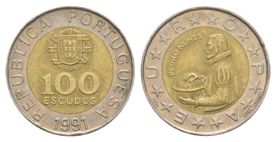 Португалия 100 эскудо 1991 Педру Нуниш (1502-1578), математик KM 645 биметалл 4390-652