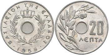 Греция 20 лепта 1959 Павел I (1947-1964), оливковая ветвь KM 79 алюминий 4586-843