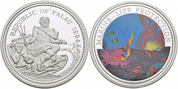 Палау 5 долларов 1994 две рыбки, цветная эмаль KM 6 серебро PROOF 04-174-15
