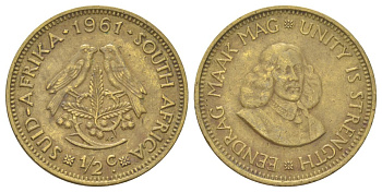 ЮАР 1/2 цента 1961 птички на ветке, Ян ван Райбек KM 56 латунь 4628-1041