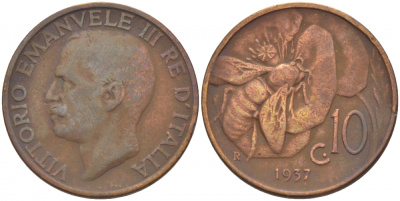 ИТАЛИЯ 10 ЧЕНТЕЗИМО 1937 R, ВИКТОР ИММАНУИЛ, ПЧЕЛА KM 60 медь 4548-122
