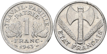 Франция 1 франк 1943 LB, тип Lourde, правительство Виши KM 902.1 алюминий 4142-934
