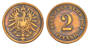 Германия 2 пфеннига 1874 G, Вильгельм I (1871-1888) KM 2, J. 2 медь 4164-258