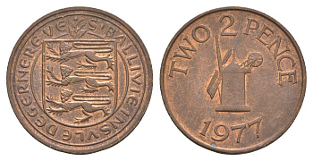 Гернси 2 пенса 1977 Елизавета II (1952-2022), ветряная мельница KM 28 бронза 4656-1055