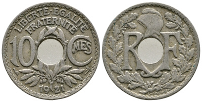 Франция 10 сантимов 1921 тип Линдайё KM 866a, Le Franc 138.3 медно-никель 4364-1255