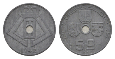 Бельгия 5 сантимов 1942 Belgie - Belgique, Леопольд III (1934-1947), германская оккупация, Вторая мировая война KM 124 цинк 4640-1112