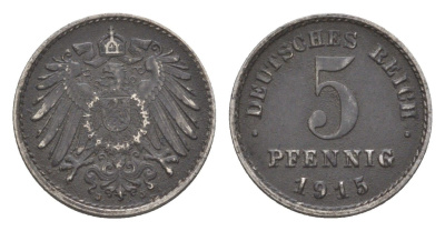 Германия 5 пфеннигов 1915 J, Вильгельм II (1888-1918) KM 19, J. 297, Weege 5 железо плакированное цинком 4640-155