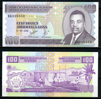 Бурунди 100 франков 2006 1 мая 2006 Pick 37е бумага UNC (пресс) 6317-40-3-2