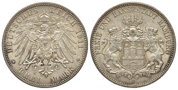 ГАМБУРГ 3 МАРКИ 1911 J, СВОБОДНЫЙ ГОРОД KM 620, J. 64, Weege 63 серебро 413-4633