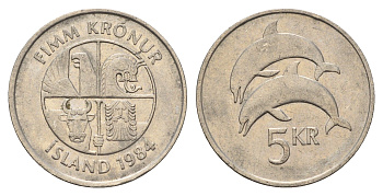 Исландия 5 крон 1984 дельфины KM 28 медно-никель 4691-357