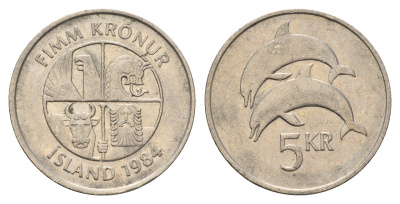 Исландия 5 крон 1984 дельфины KM 28 медно-никель 4691-357