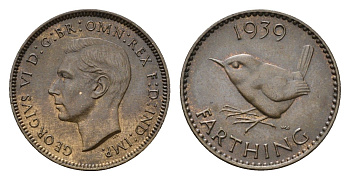 Великобритания 1 фартинг 1939 Георг VI (1936-1952) KM 843, Spink 4116 бронза aUNC 4690-768
