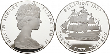 Бермудские острова 25 долларов 1977 CHI, 25 лет правления Елизаветы II, парусник, вес 54,75 гр., тираж 5613 экз. KM 25 серебро PROOF 02-009-22