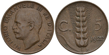 Италия 5 чентезимо 1922 Виктор Эммануил III KM 59 медь 4143-627