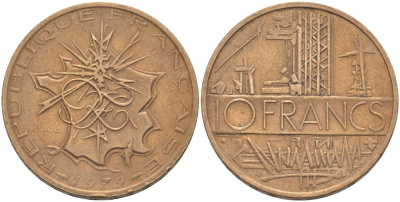 Франция 10 франков 1979 тип Матье KM 940, Le Franc 365.13-14 никель латунь 3855-726