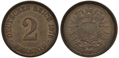 Германия 2 пфеннига 1876 A, старогербовка KM 2, Jager 2, Weege 3 медь 00-00