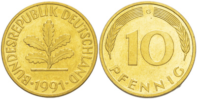 ФРГ 10 ПФЕННИГОВ 1991 G KM 108, J. 383 сталь плакированная латунью 4182-957