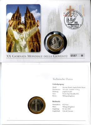 Ватикан медаль "Всемирный день молодежи" 2005 папа Бенедикт XVI, в конверте с маркой (КПД - Конверт первого дня Гашения) биметалл UNC 9000-27