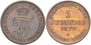 Мекленбург-Шверин 5 пфеннигов 1872 В, Фридрих Франц II (1842-1883) KM 317 (C104), Jaeger 62, AKS 45 медь 4448-1257