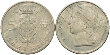 Бельгия 5 франков 1967 Belgie, Бодуэн I (1951-1993) KM 135.1 медно-никель 119-814