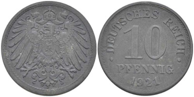 ГЕРМАНИЯ 10 ПФЕННИГОВ 1921 (1917-1922) KM 26, J. 299, Weege 8 цинк 210-237