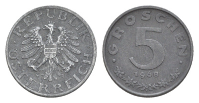 Австрия 5 грошей 1968 KM 2875 цинк алюминий 4160-841