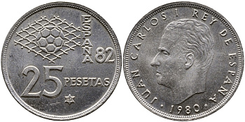Испания 25 песет 1980 (82) чемпионат мира по футболу в Испании 1982 года, Хуан Карлос I (1975-) KM 818 медно-никель 4379-1221