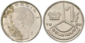 Бельгия 1 франк 1989 Belgique, Бодуэн I (1951-1993) KM 170 нержавеющая сталь 4618-227