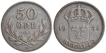 Швеция 50 эре 1936 G, Густав V (1907-1950), 6 вытянутая KM 788 серебро 4179-946