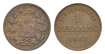 Бавария 1 пфенниг 1863 Максимилиан II (1848-1864) KM 856 медь 4649-462