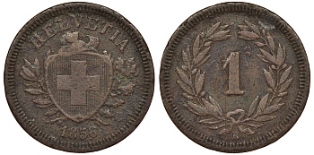 Швейцария 1 раппен 1856 KM 3.1 бронза 441-411