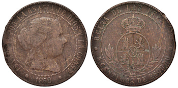 Испания 5 сентимо 1868 7-pointed star KM 635.5 медь    4117-612