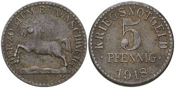 Брауншвейг 5 пфенингов 1918 Funck 56.1, Men05 3454.1, Men18 4388.1 железо 4136-462