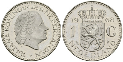 Нидерланды 1 гульден 1968 Юлиана (1948-1980) KM 184a никель UNC 4579-524