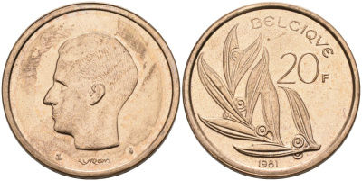 Бельгия 20 франков 1981 Belgique, Бодуэн I (1951-1993) KM 159 никель бронза UNC 189-922