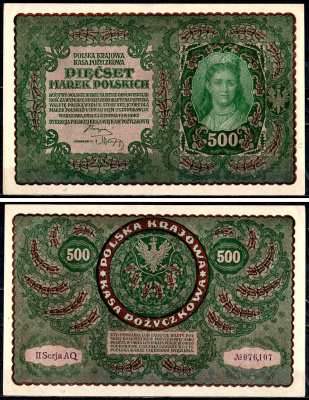 Польша 500 марок 1919 Pick 28 (3) бумага aUNC 439-68-1-1
