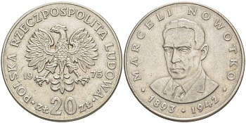 Польша 20 злотых 1975 Марцелий Новотко, монетный двор Кремница KM 69, Parchimowicz 246b медно-никель 4542-1142