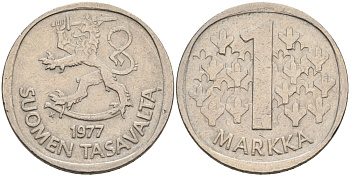 ФИНЛЯНДИЯ 1 МАРКА 1977 K KM 49a медно-никель 4563-522