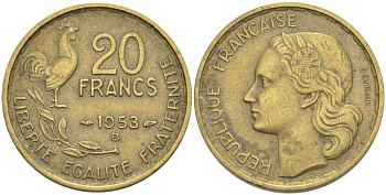 ФРАНЦИЯ 20 ФРАНКОВ 1953 В KM 917.2, LE FRANC 402.12 алюминиевая бронза 175-655