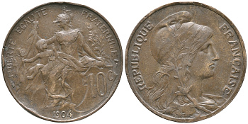 ФРАНЦИЯ 10 САНТИМОВ 1904 ТИП ДАНИЭЛЬ ДЮПЮИ KM 843, LA FRANC 136.14 бронза 83-212
