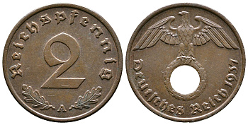 Германия 2 рейхспфеннига 1937 A KM 90, J. 362 бронза 176-517