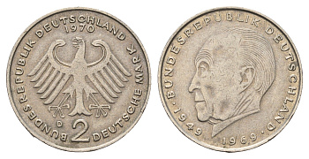 ФРГ 2 марки 1970 D, Конрад Аденауэр KM 124, J. 406 медно-никель 4675-256