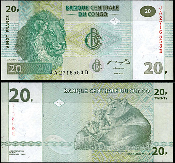 ДР Конго 20 франков 2003 львы Pick 94 a бумага UNC (пресс) 7183-43-3-2