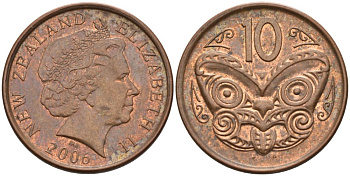 Новая Зеландия 10 центов 2006 маска Маори, Елизавета II (1952-) KM 117а сталь плакированная медью 186-522