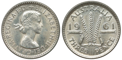 Австралия 3 пенса 1961 m, Елизавета II (1952-2022) KM 57 серебро 71-667
